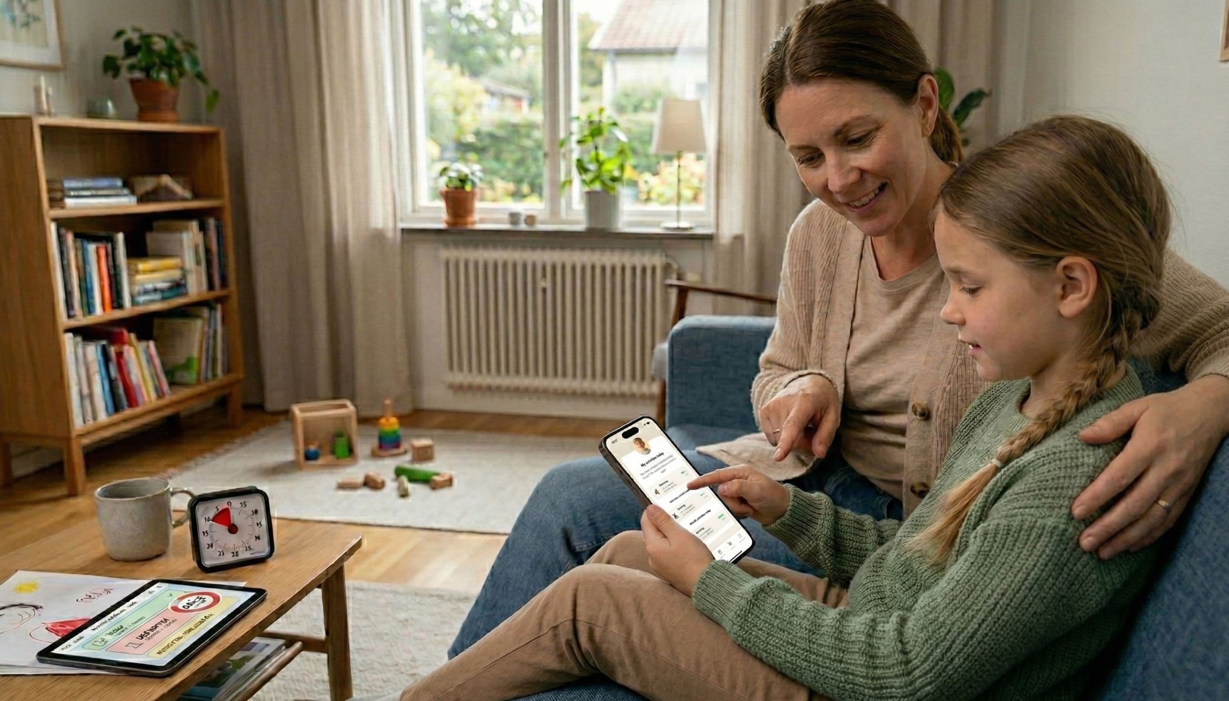 Äiti ja tytär istuvat yhdessä sohvalla ja katsovat älypuhelimen näyttöä, jossa näkyy visuaalinen päiväaikataulu. Pöydällä on analoginen ajastin ja tabletti, leluja hajallaan taustalla.