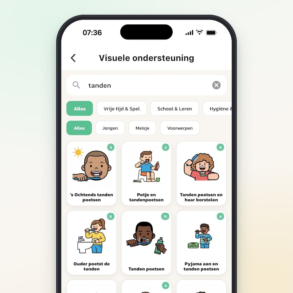 De Bibliotheek visuele ondersteuning in Routined met de zoekterm tanden en afbeeldingen van tandenpoetsen