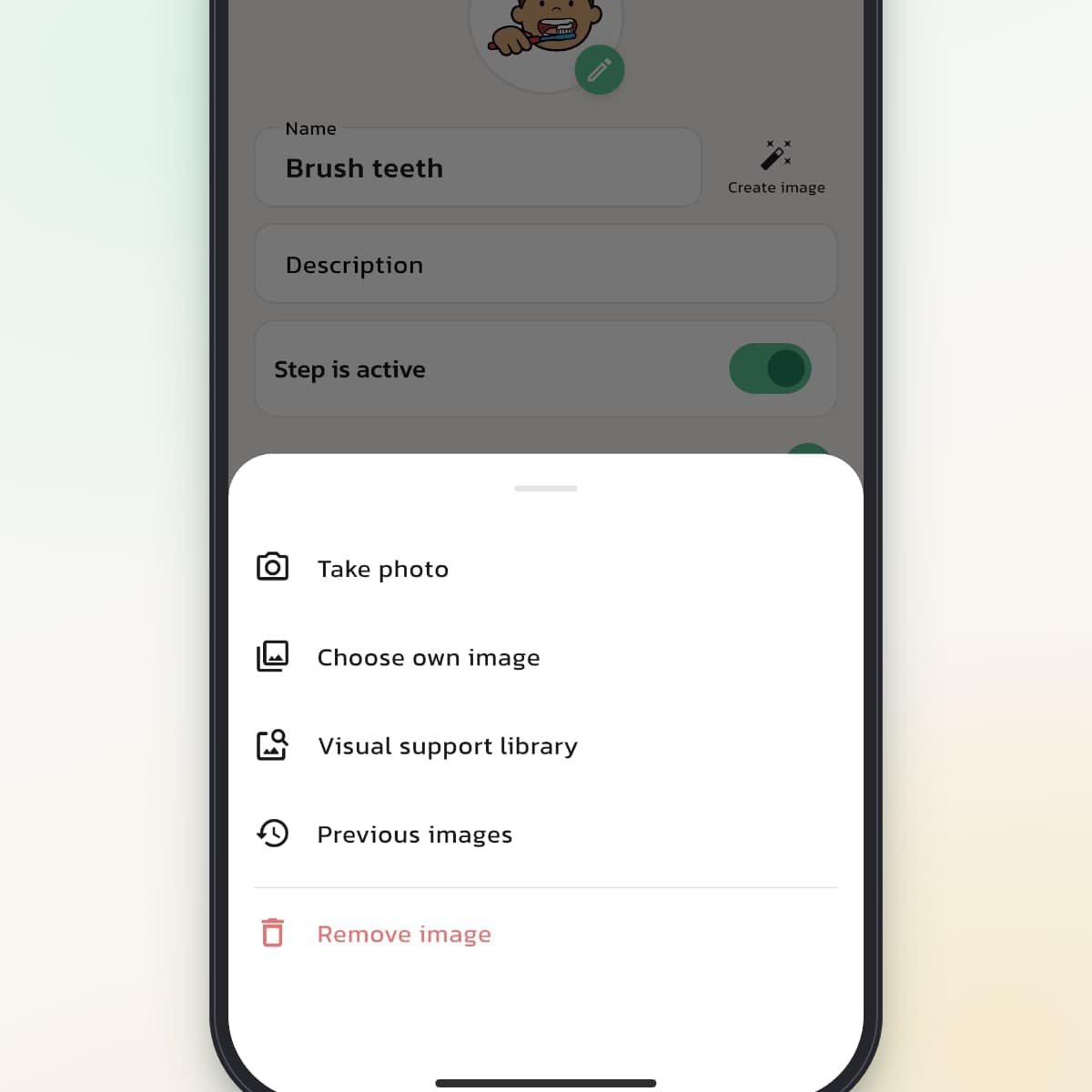 The image picker in Routined with Take photo, Choose own image, Visual support library and Previous images
