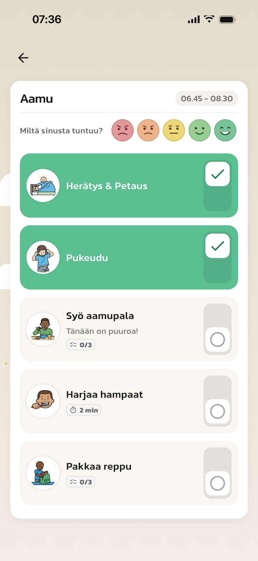 Aamurutiini näyttötilassa Standardi Routinedissa