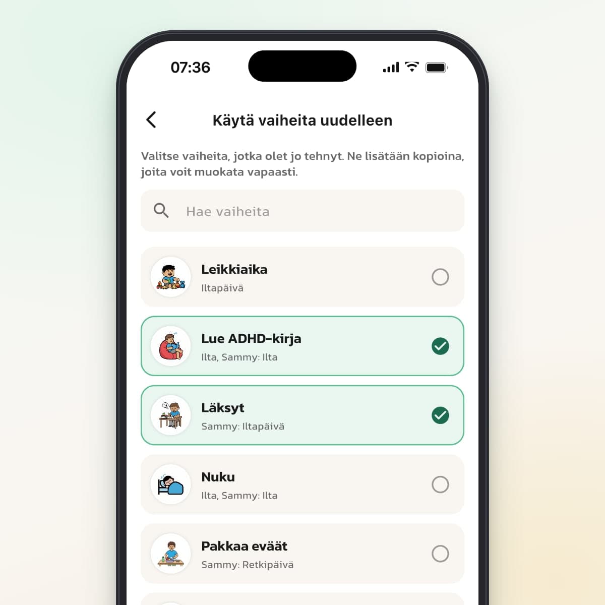 Käytä vaiheita uudelleen Routinedissa, valittuina vaiheet Lue ADHD-kirja ja Läksyt
