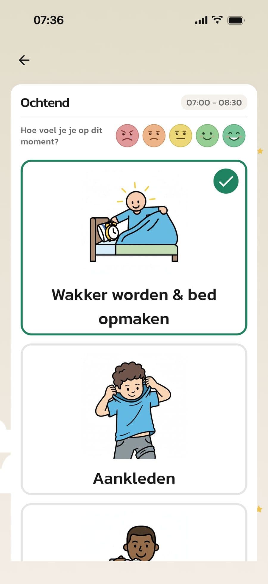 Een ochtendroutine met grote beeldkaarten in Routined