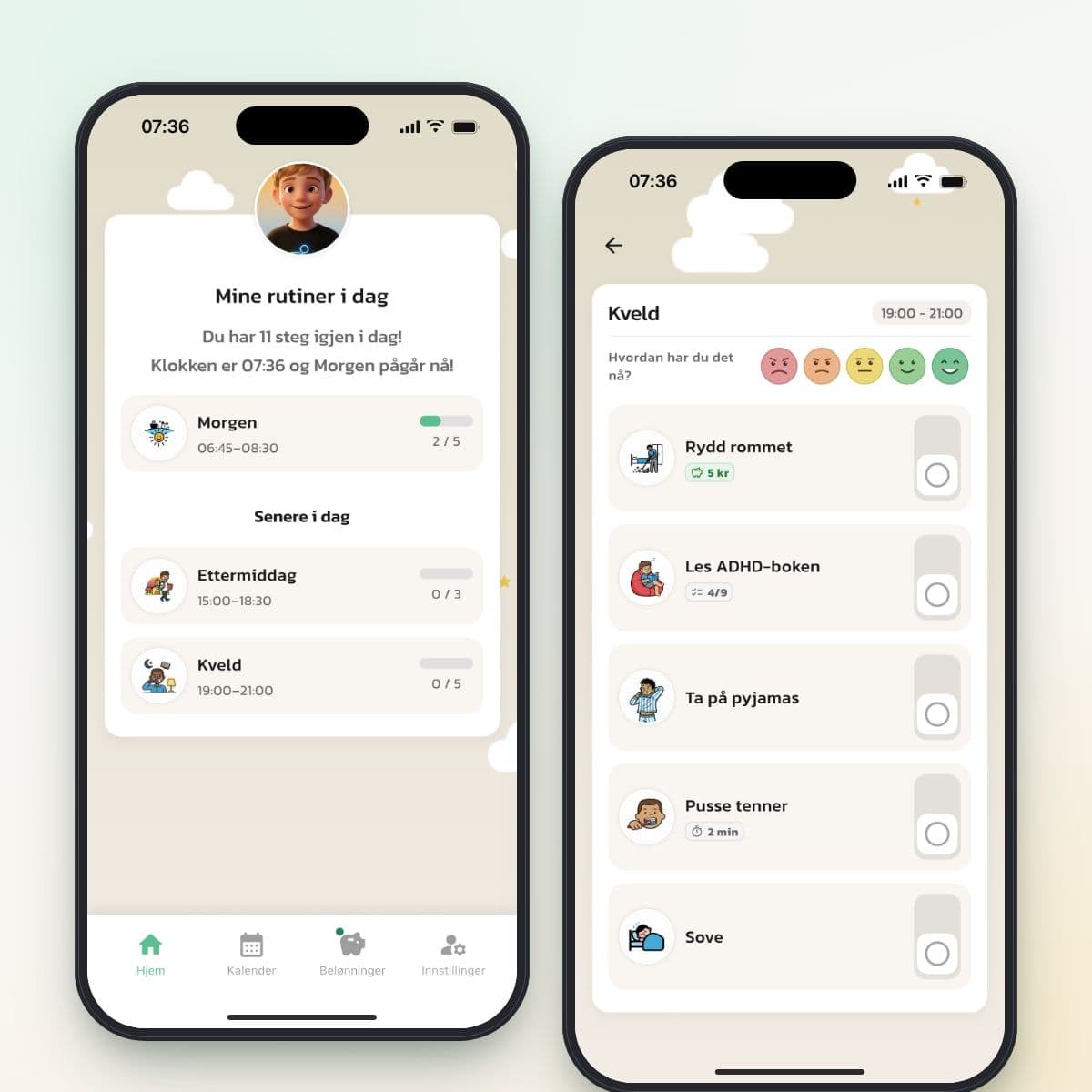 Barnets startside og kveldsrutine i Routined på barnets egen telefon