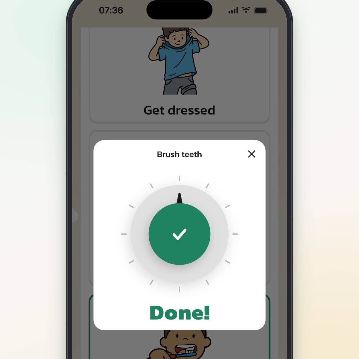 The timer in Routined when time is up, showing Done! and a green check mark