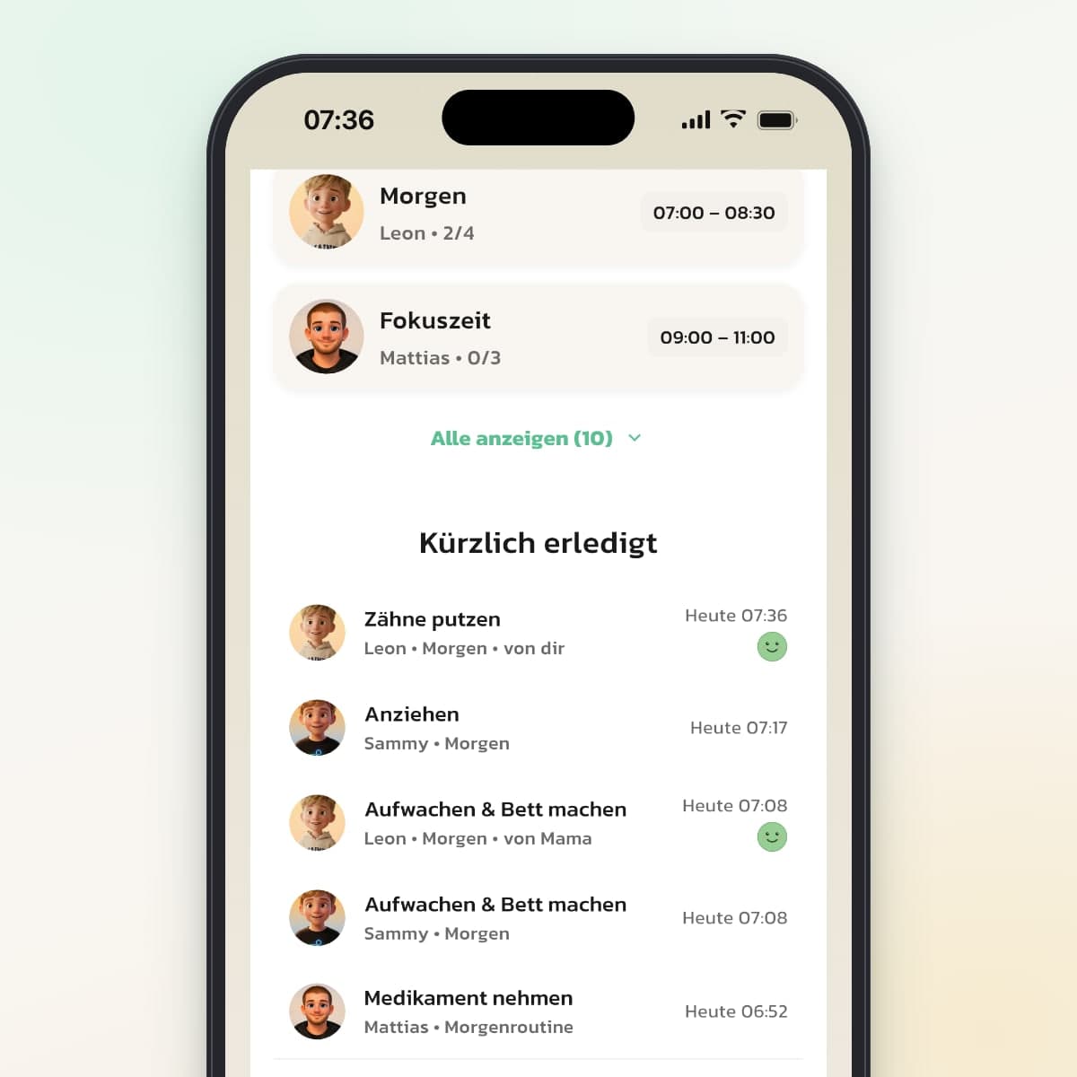 Kürzlich erledigt auf der Startseite eines Elternteils, wo abgehakte Schritte mit von dir und von Mama markiert sind