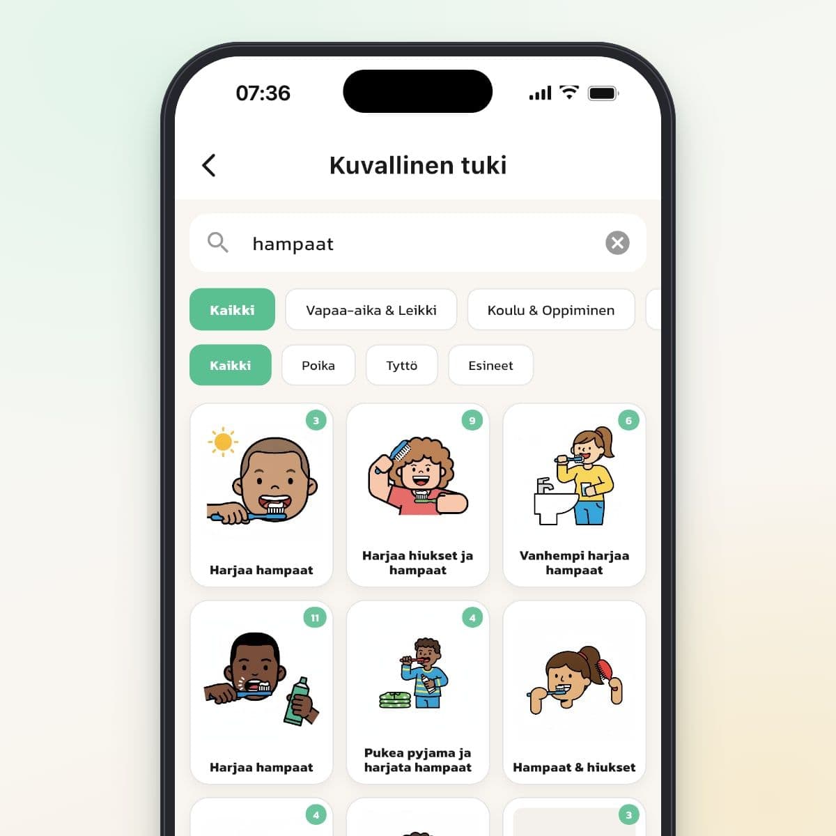 Routinedin Kuvakirjasto, hakusanana hampaat ja tuloksina kuvia hampaiden harjauksesta
