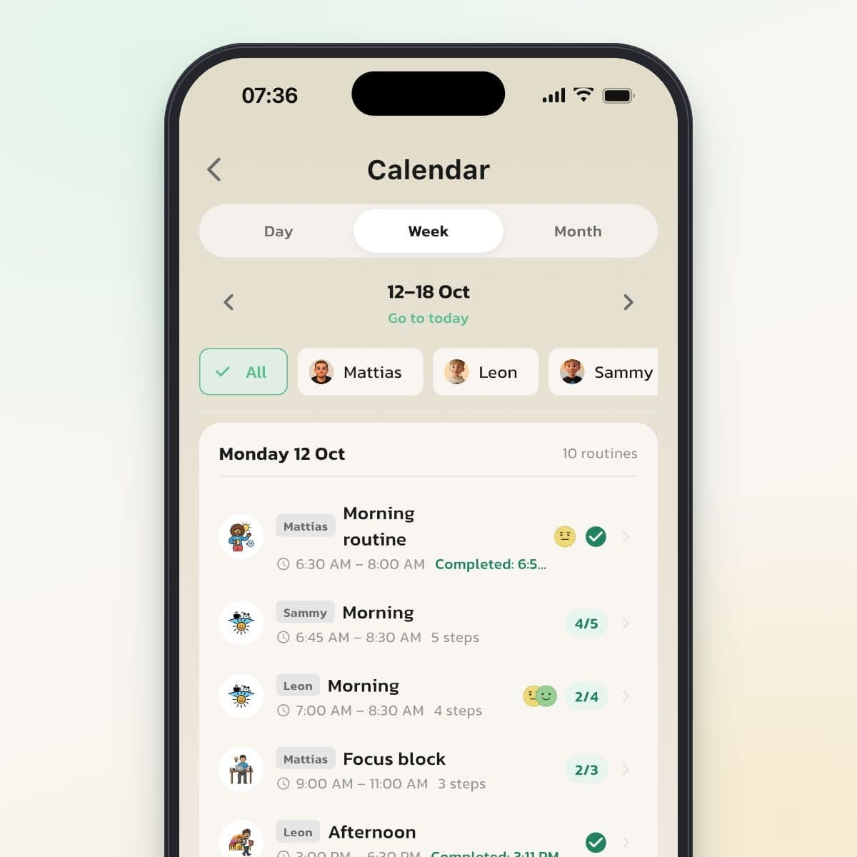 The calendar in Routined as history, with completed routines and mood per day