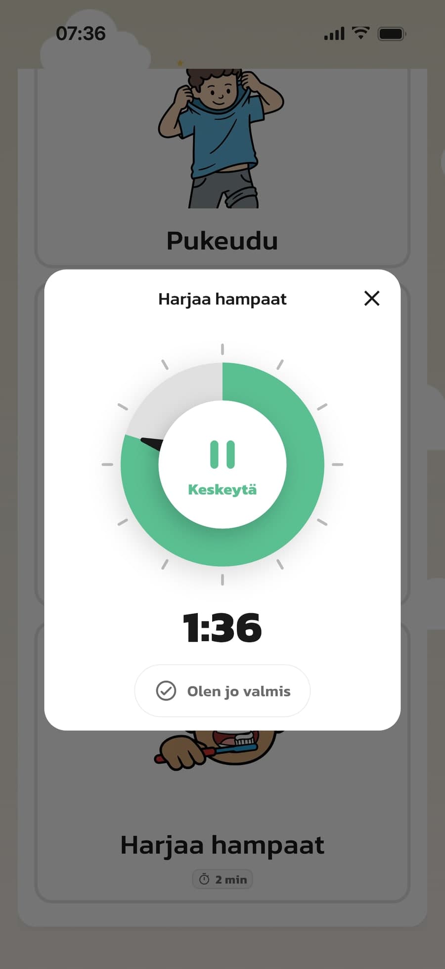 Routinedin ajastin kesken lähtölaskennan vaiheessa Harjaa hampaat