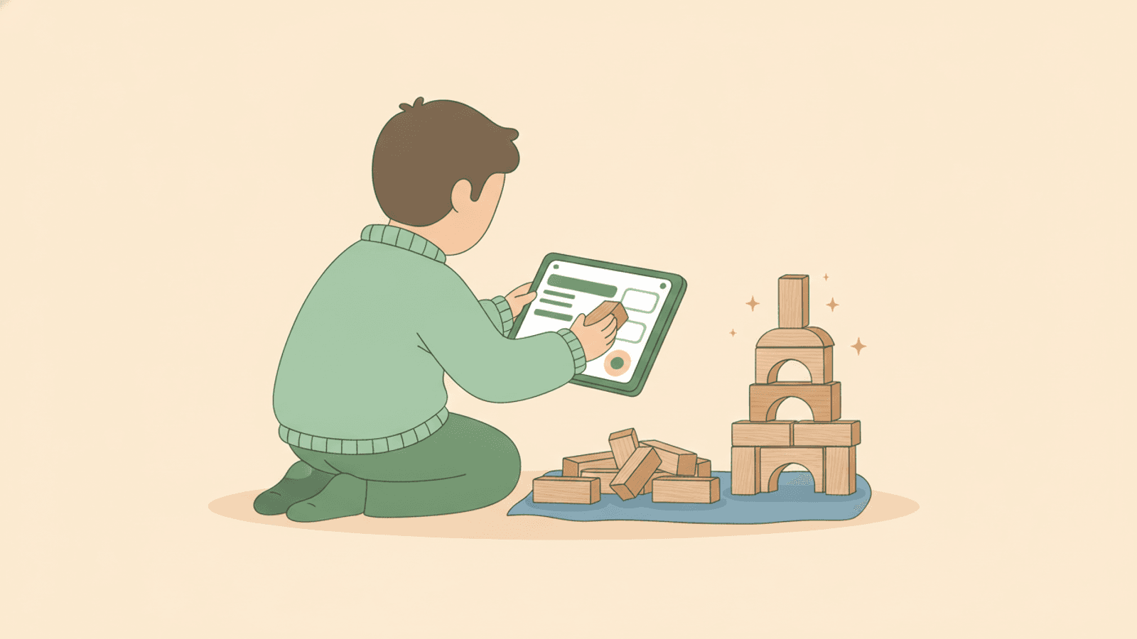 A child following a tablet to build with real blocks on the floor, bridging screen and play