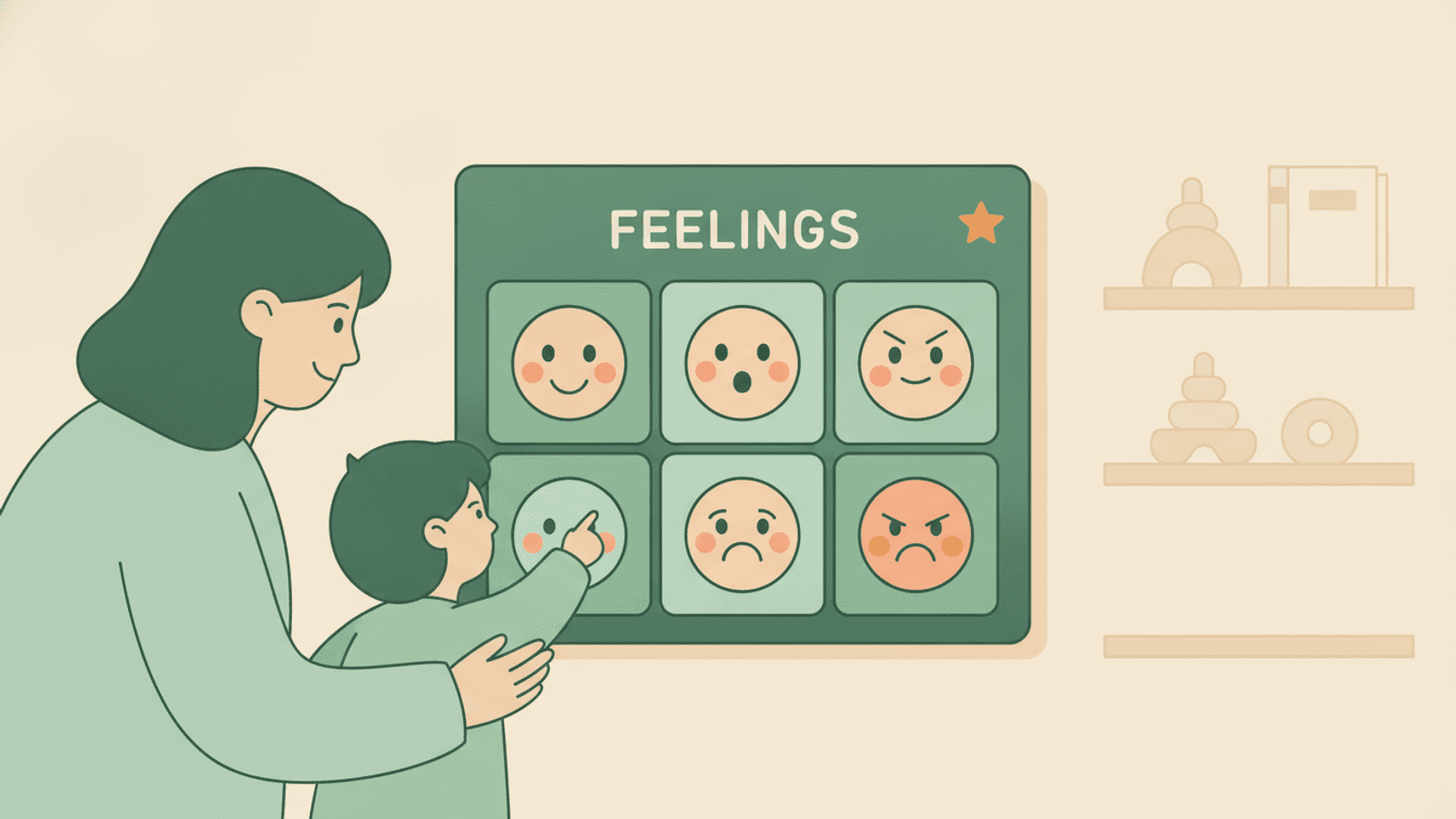 A parent and young child looking at a feelings chart with simple cartoon faces, the child pointing at one.