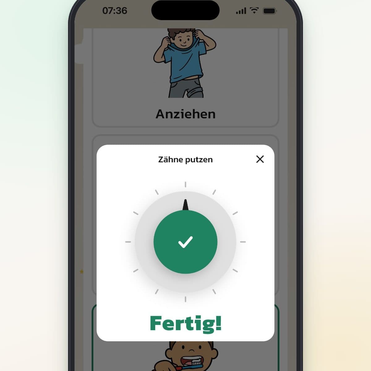 Der Timer in Routined nach Ablauf der Zeit, mit dem Text Fertig! und einem grünen Haken