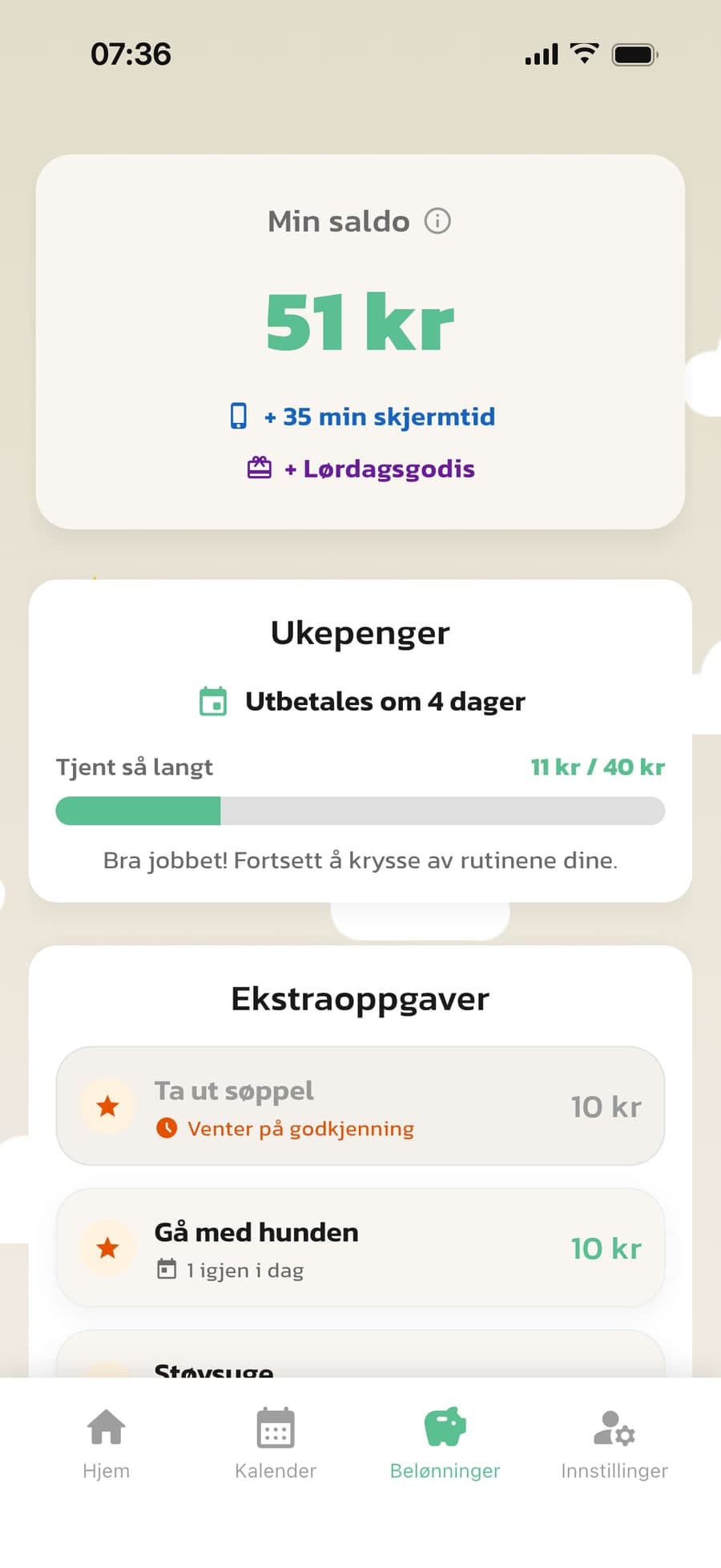 Barnets fane Belønninger i Routined med saldo, ukepenger og ekstraoppgaver