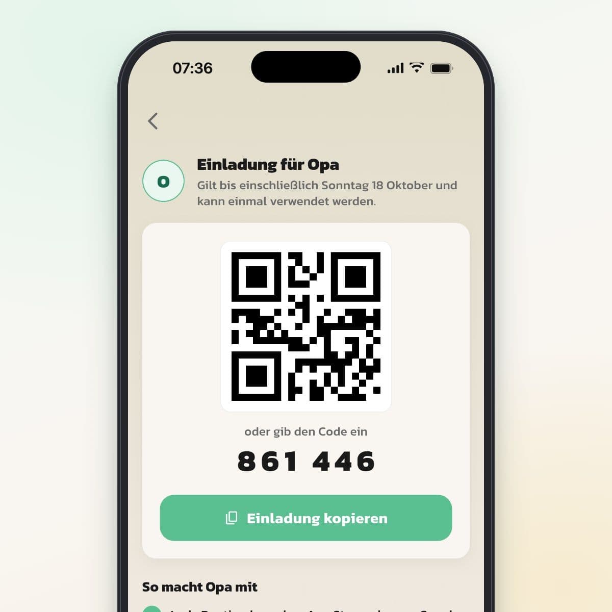 Einladung für einen vorübergehenden Helfer in Routined mit Code, QR-Code und Einladung kopieren