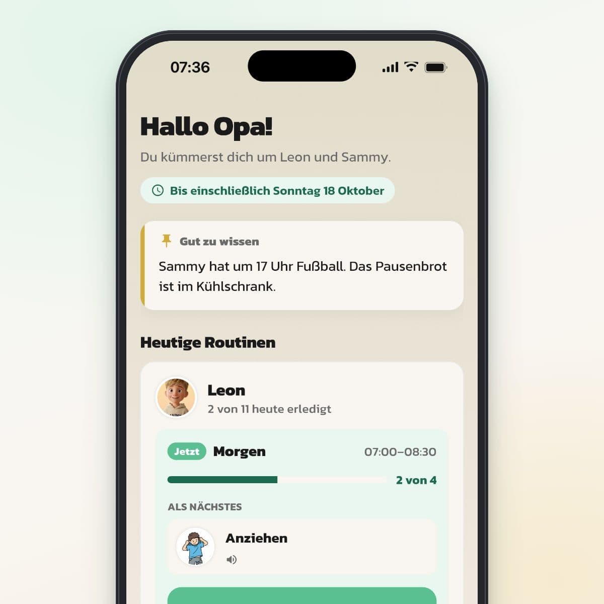 Die Startseite des Helfers in Routined mit der Routine des Tages und dem nächsten Schritt