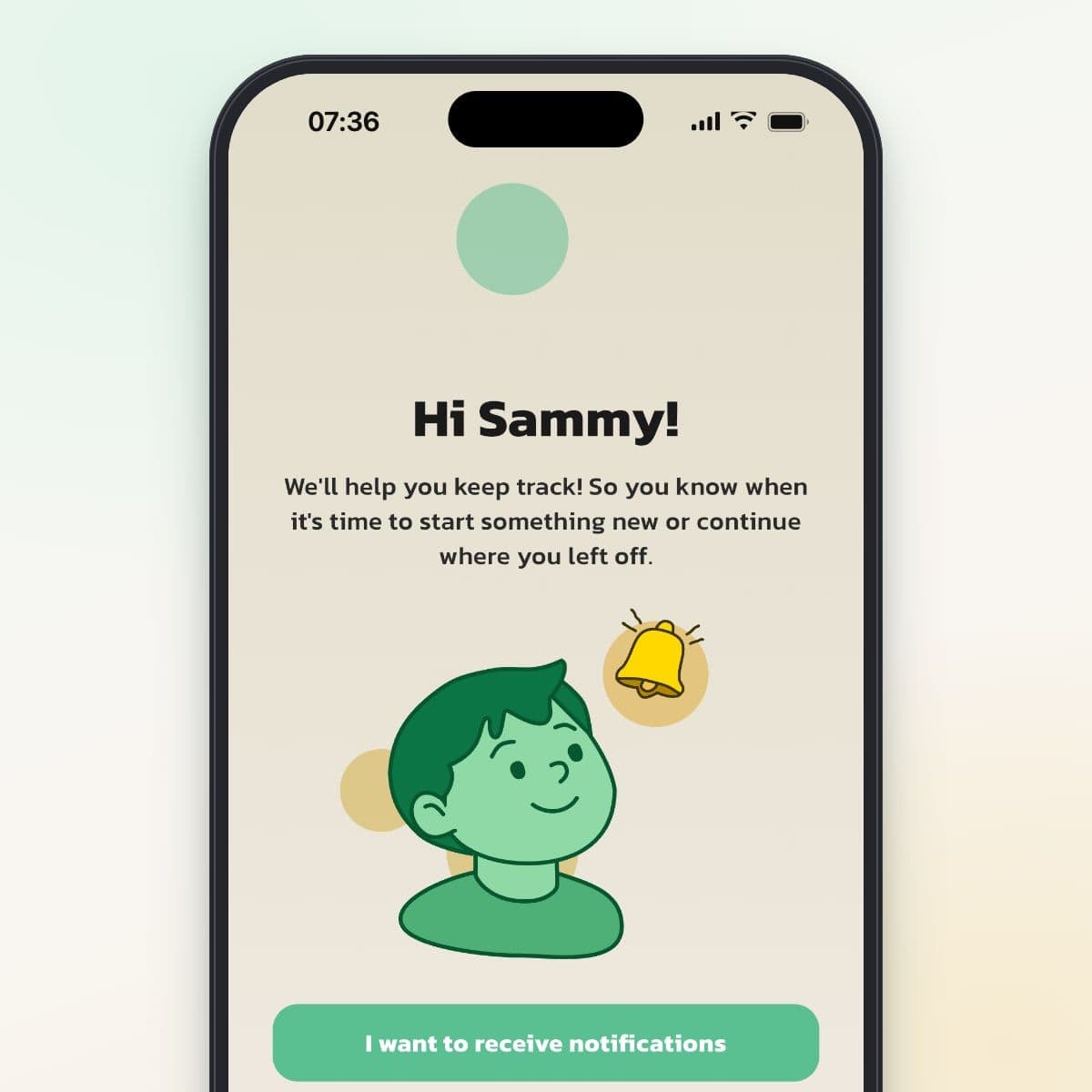 The Hi Sammy! welcome screen in Routined with the I want to receive notifications button