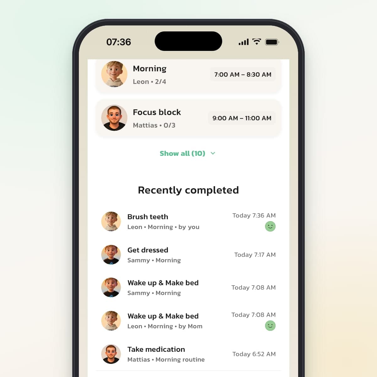 Recently completed on the parent's home screen, with check-offs marked by you and by Mom