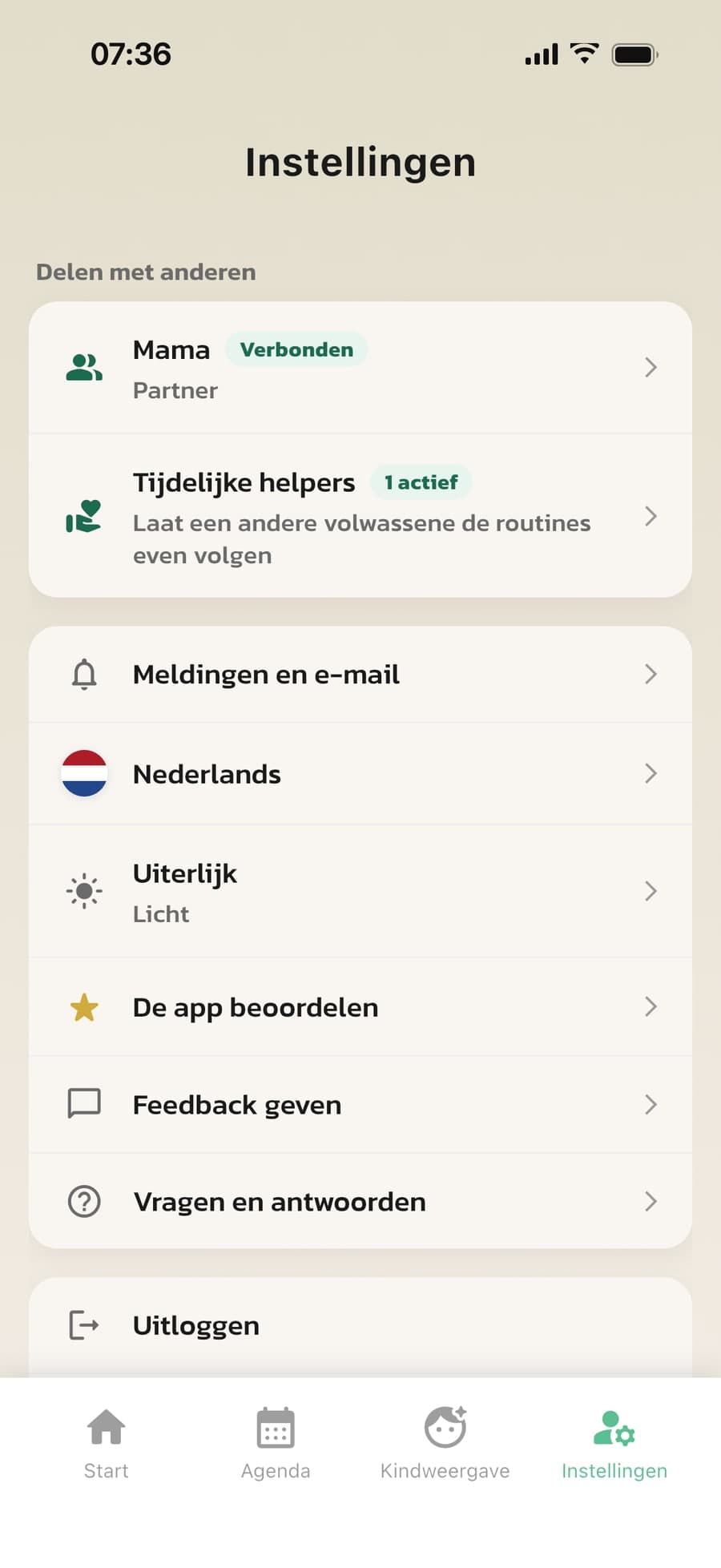 Delen met anderen in de instellingen van Routined, met een verbonden partner en een tijdelijke helper