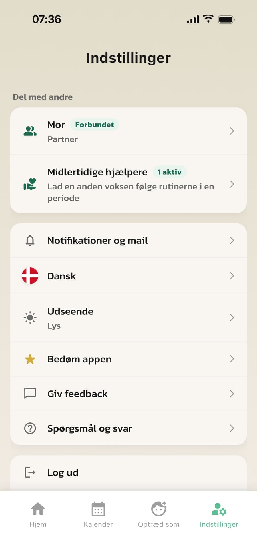 Del med andre i Routineds indstillinger, med en forbundet partner og en midlertidig hjælper