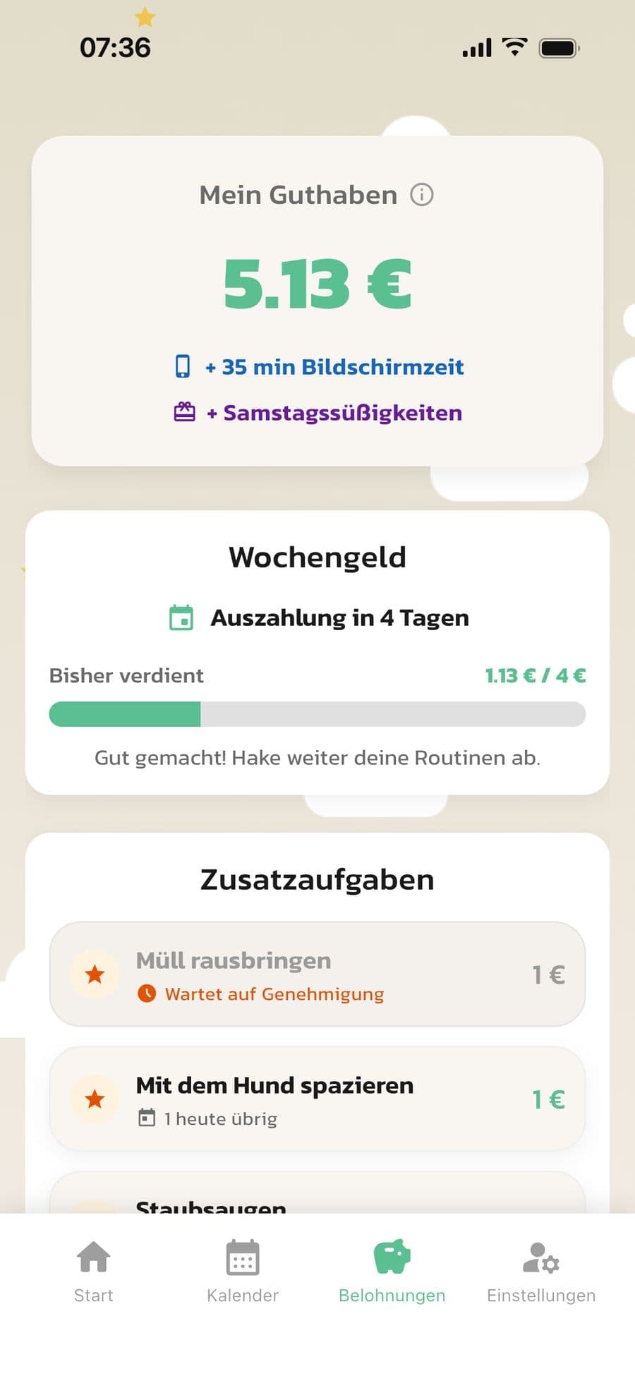 Der Tab Belohnungen des Kindes in Routined mit Guthaben, Wochengeld und Zusatzaufgaben