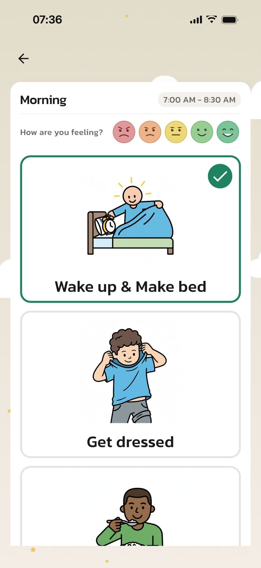 A morning routine with large picture cards in Routined