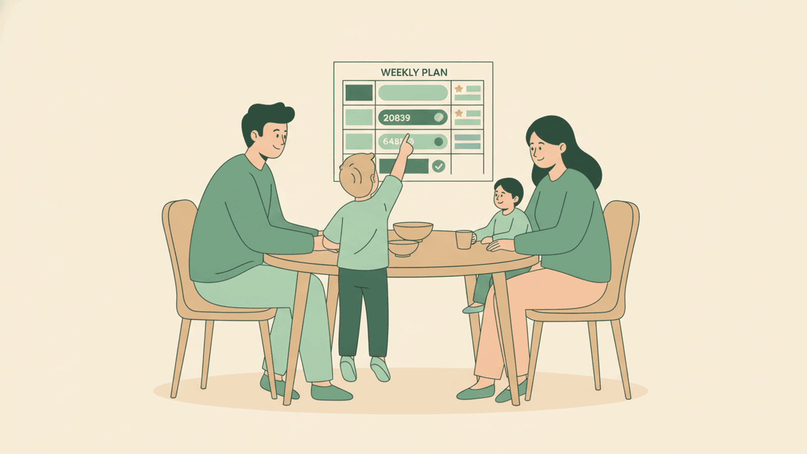 A family sitting around the kitchen table during a short weekly family meeting.