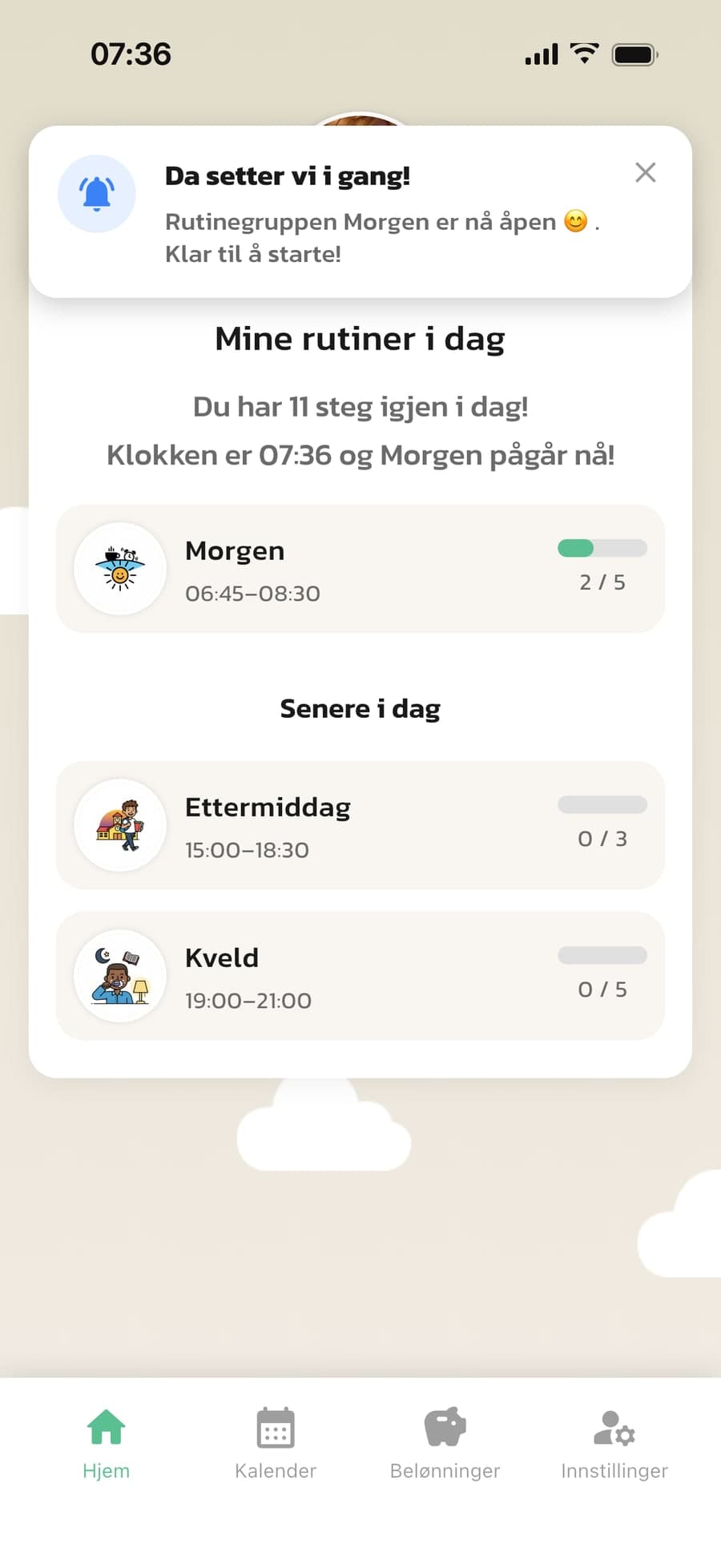 Barnets startside i Routined med varselet Da setter vi i gang! når morgenrutinen starter