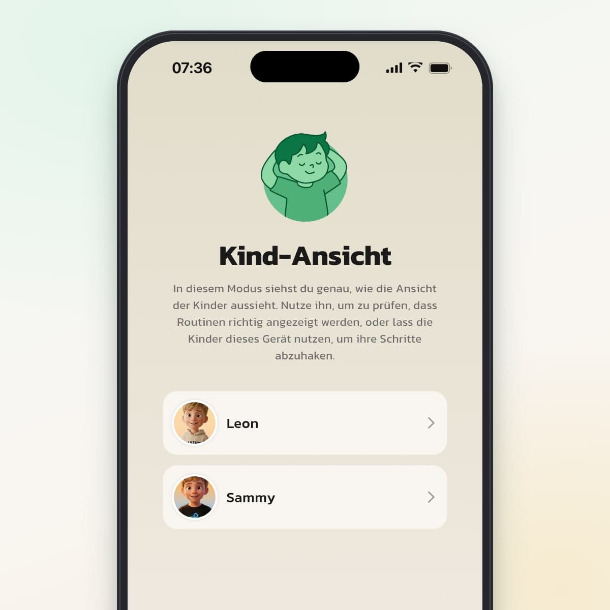 Der Tab Kind-Ansicht in Routined mit zwei Kinderprofilen zur Auswahl