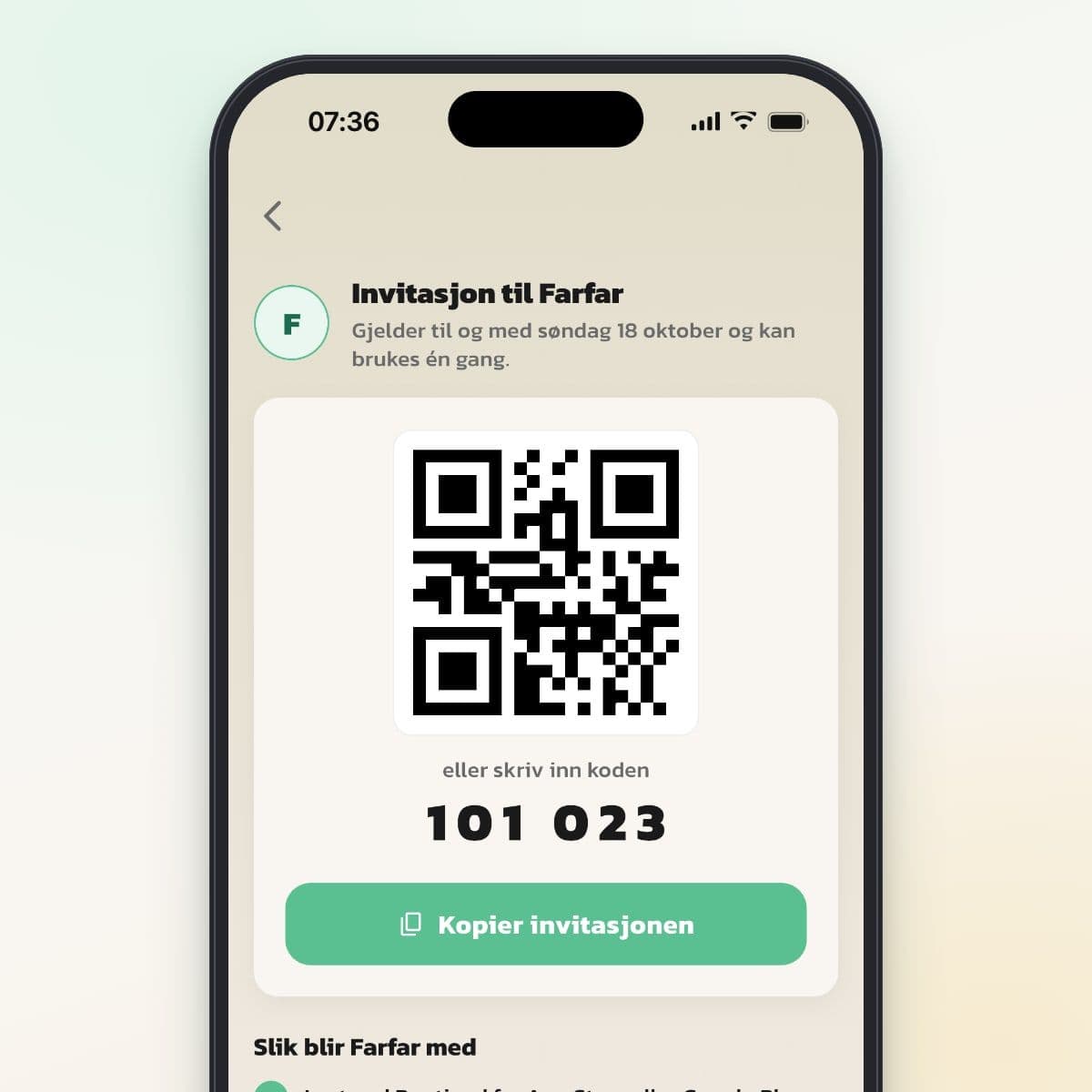 Invitasjon til en midlertidig hjelper i Routined med kode, QR-kode og Kopier invitasjonen