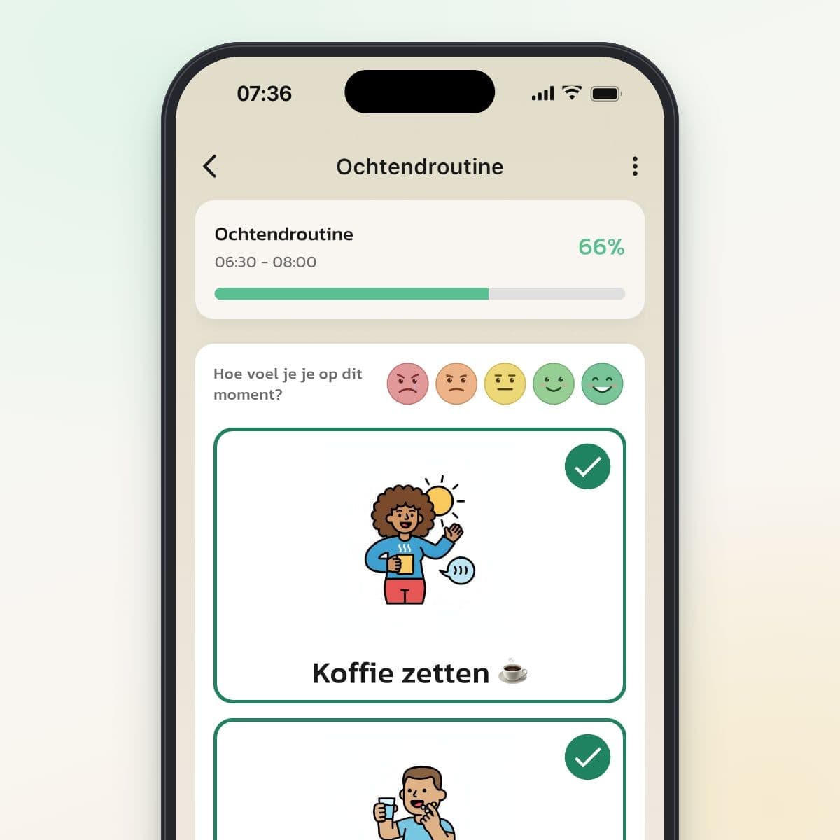 De ochtendroutine van een volwassene in Routined met grote beeldkaarten en bovenaan de gevoelsvraag