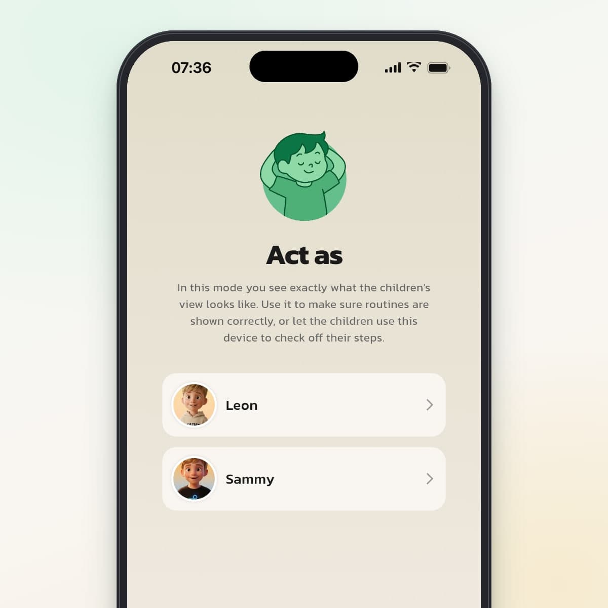 The Act as tab in Routined with two child profiles to choose from