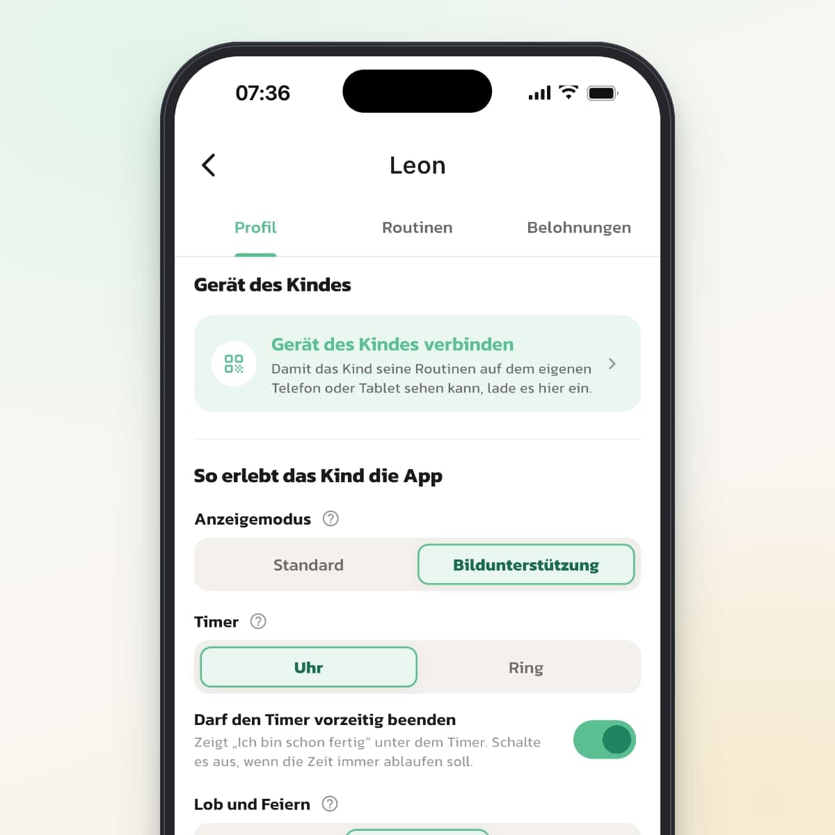 Der Bereich So erlebt das Kind die App im Profil des Kindes, mit Anzeigemodus und Timer