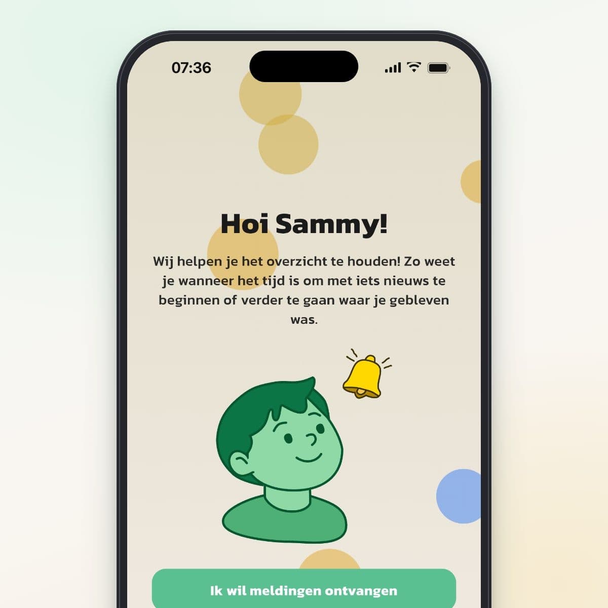 Het welkomstscherm Hoi Sammy! in Routined met de knop Ik wil meldingen ontvangen