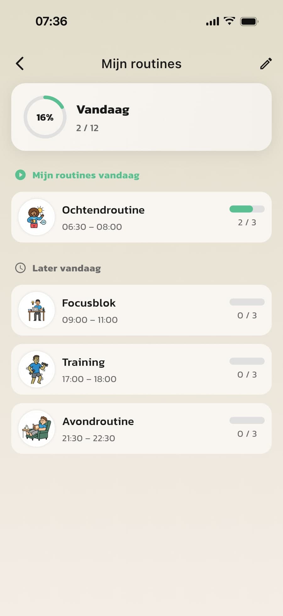 Mijn routines in Routined met de eigen routines van vandaag voor een volwassene
