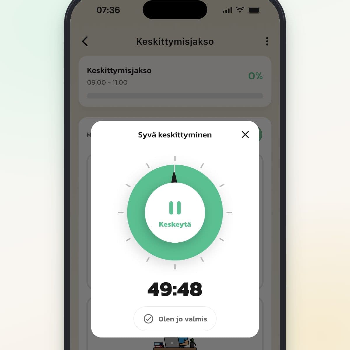 Routinedin ajastin vaiheessa Syvä keskittyminen, aikaa jäljellä 49:50