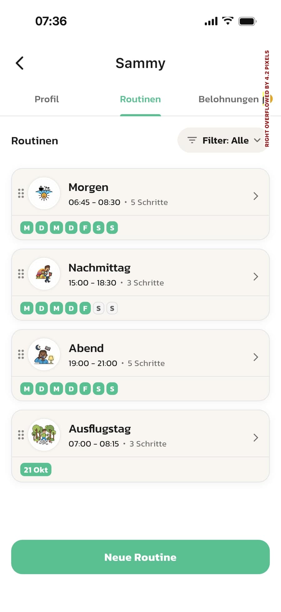 Sammys Routinen in Routined: Morgen, Nachmittag und Abend mit Wochentagen und Ausflugstag an einem gewählten Datum