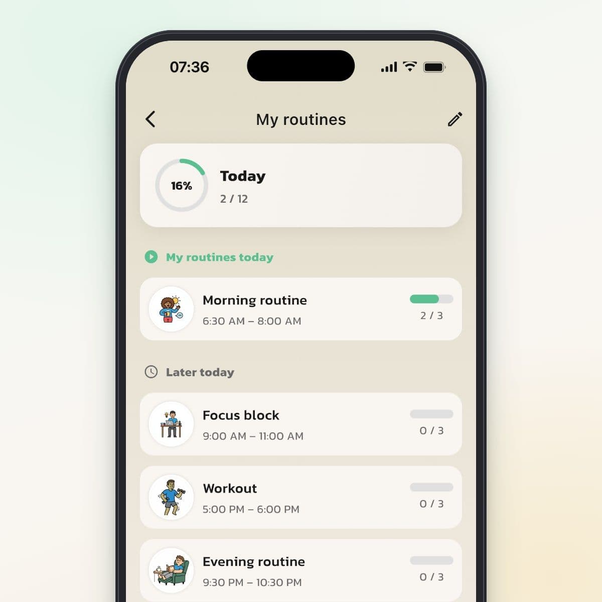 An adult's own routines for the day in Routined: Morning routine in progress, Focus block, Workout and Evening routine later