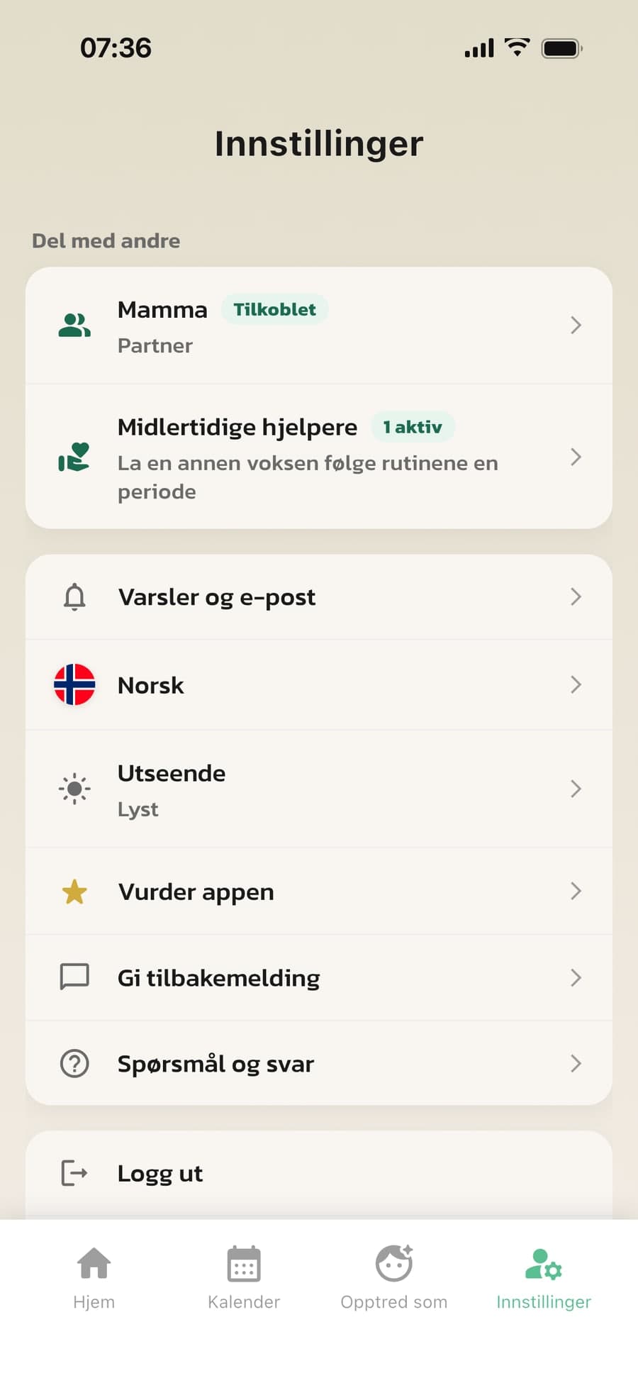 Del med andre i innstillingene i Routined, med en tilkoblet partner og en midlertidig hjelper