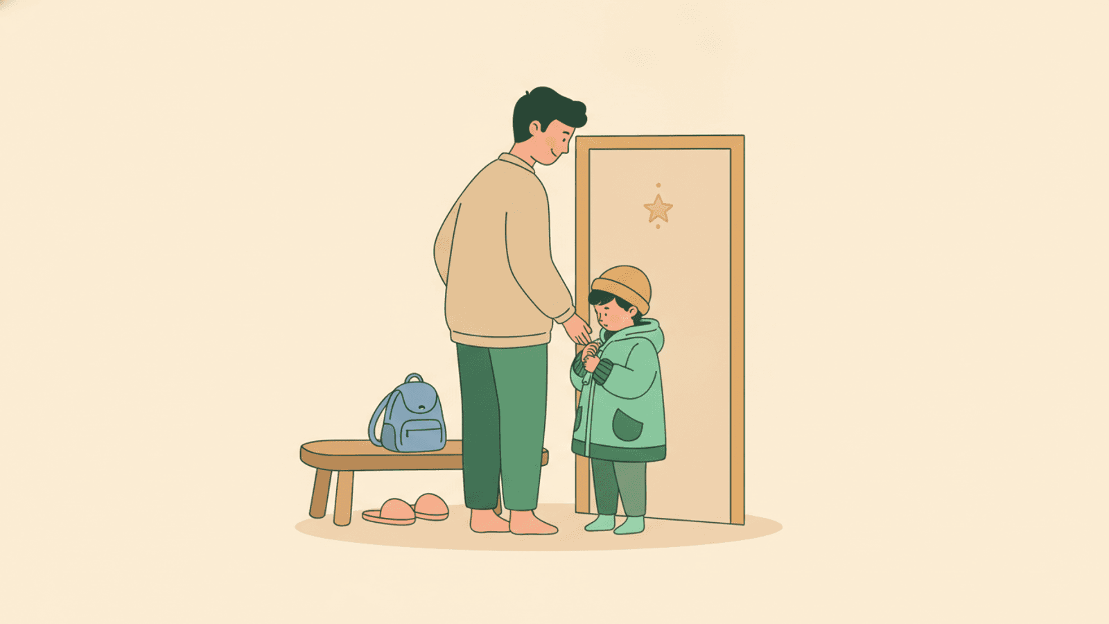 A parent standing back patiently while a child zips their own coat