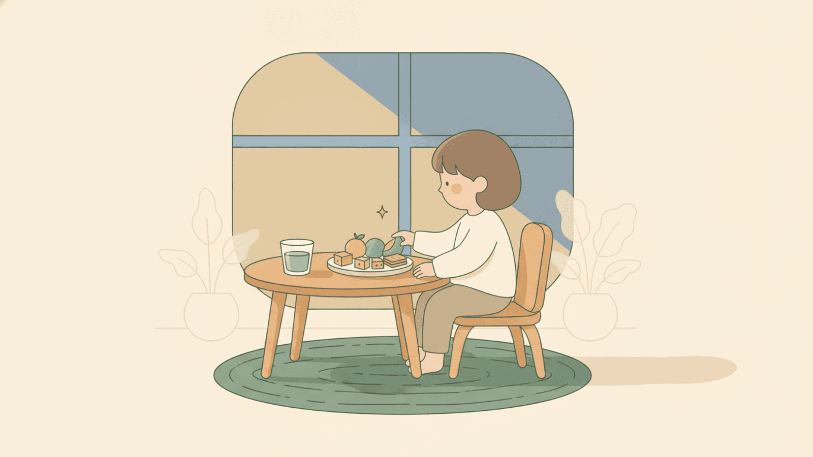 A child at a table with a small plate of fruit, cheese and crackers and a glass of water for an afternoon snack.