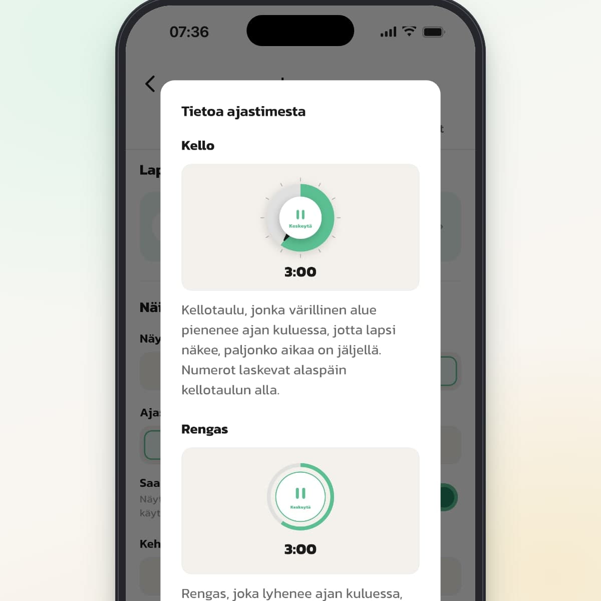 Routinedin Tietoa ajastimesta -ikkuna, jossa näkyvät tyylit Kello ja Rengas