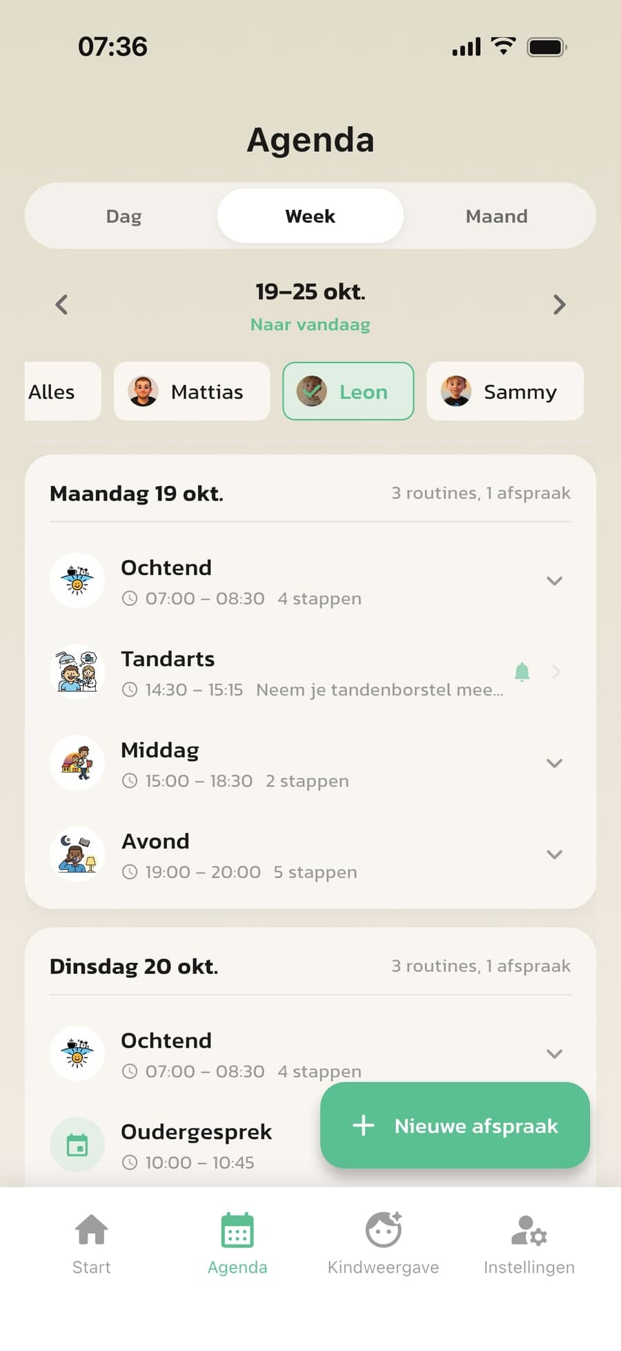 De agenda in Routined met de routines van het kind en een bezoek aan de tandarts