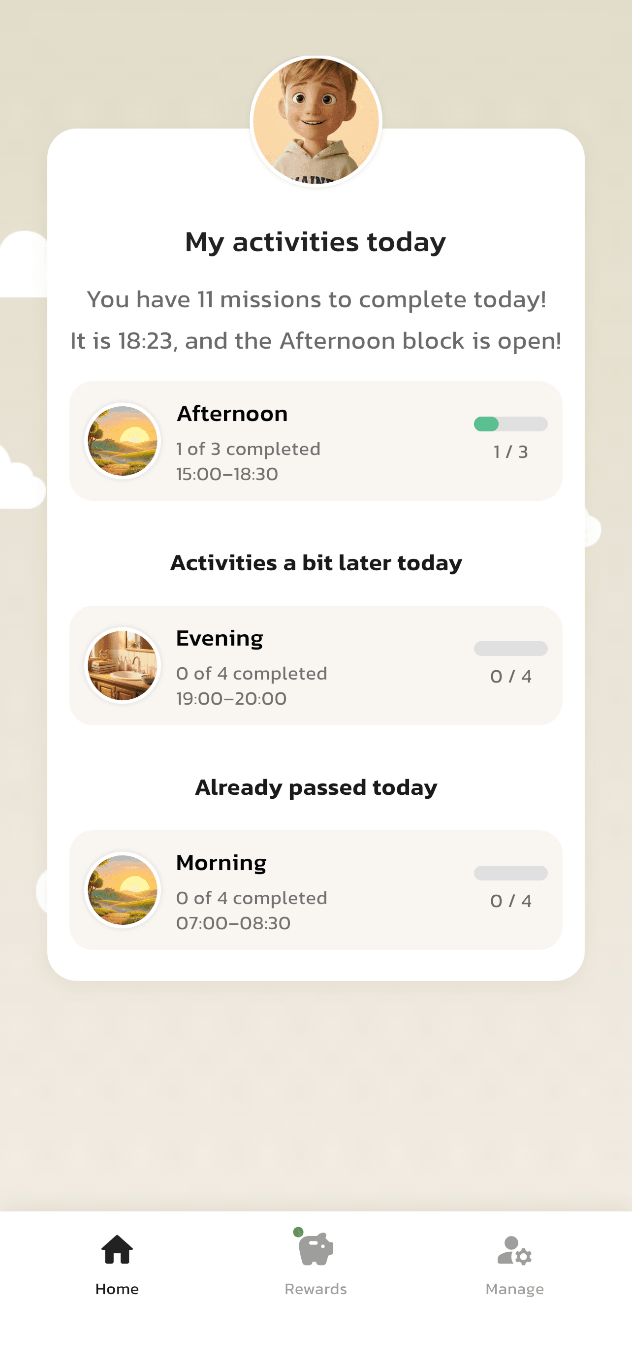 The child's view in the Rutinerad app titled "My activities today". The screen shows clear blocks for afternoon, evening, and morning routines with progress bars for completed tasks.