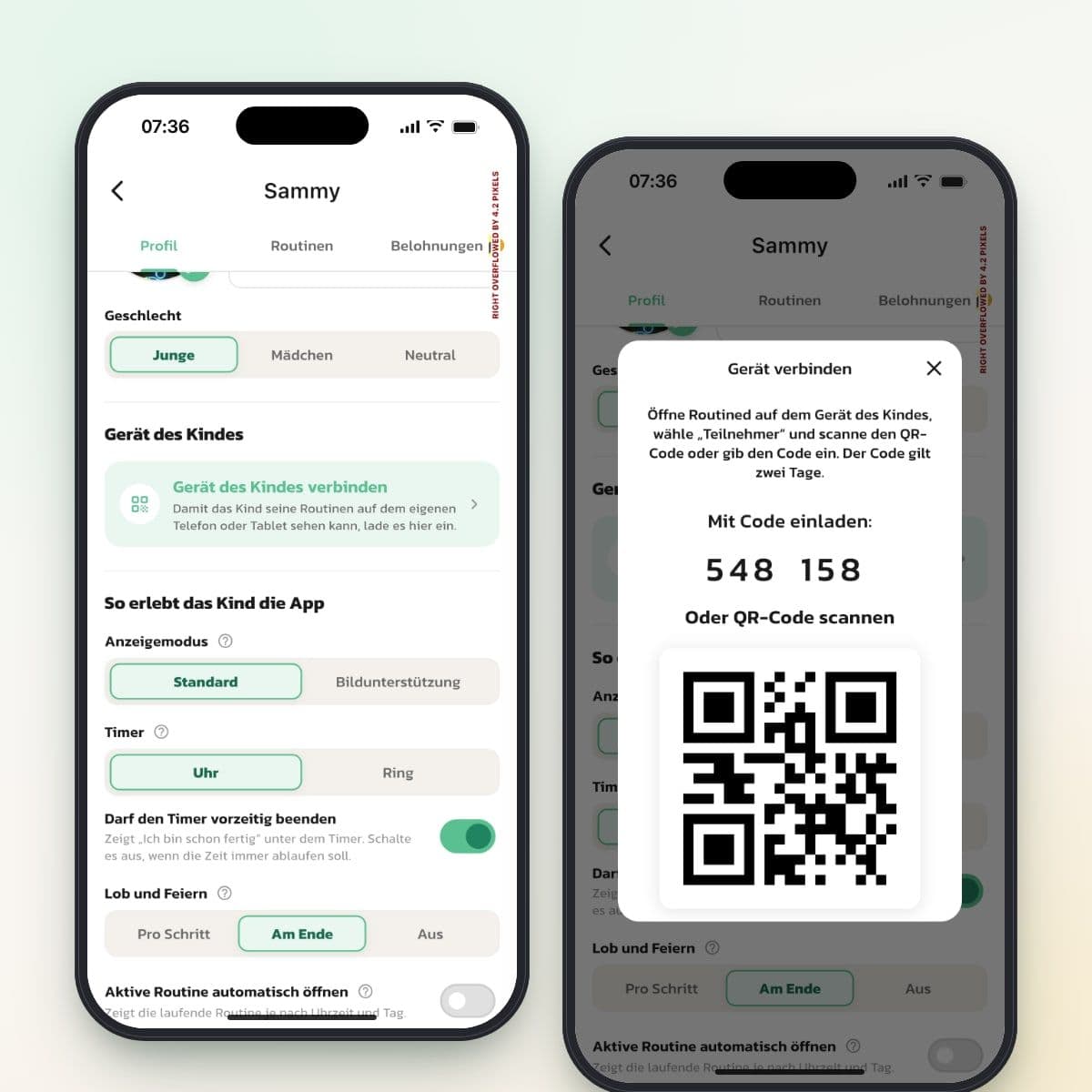Das Profil des Kindes in Routined mit Gerät des Kindes verbinden, daneben der Dialog Gerät verbinden mit Code und QR-Code
