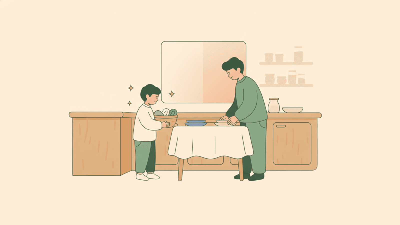 A child carrying a small basket of folded laundry, helping out in a warm kitchen