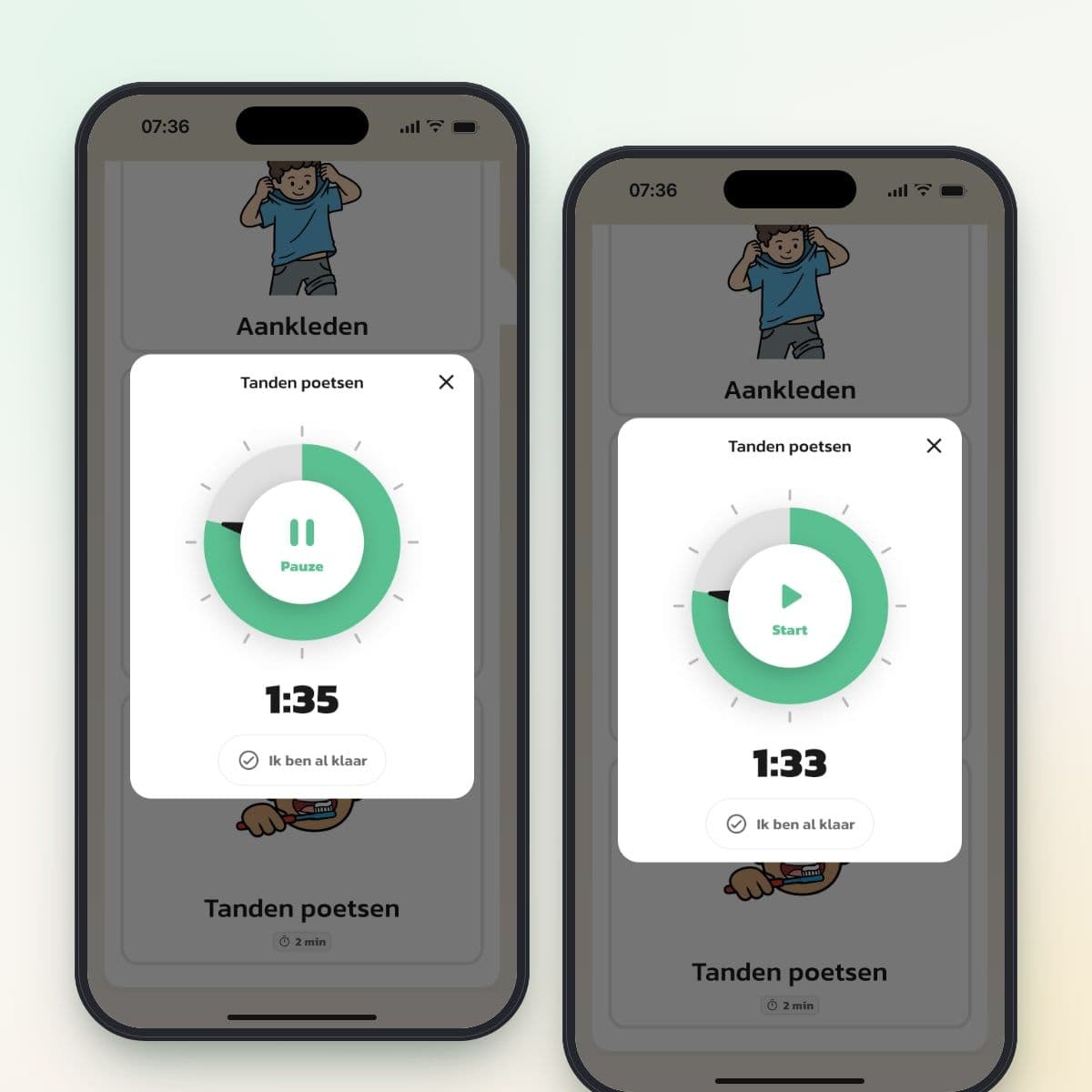 De timer in Routined lopend en gepauzeerd, met de knop Ik ben al klaar