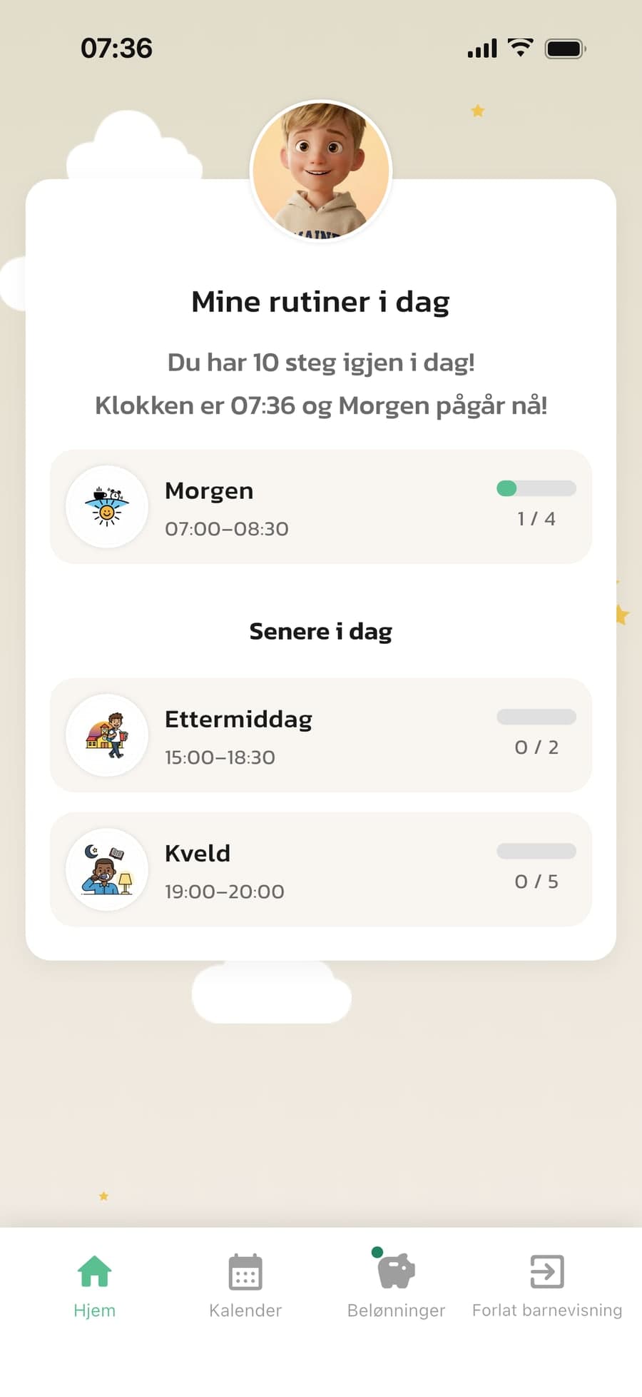 Barnets startside i Routined, åpnet med Opptred som på forelderens mobil
