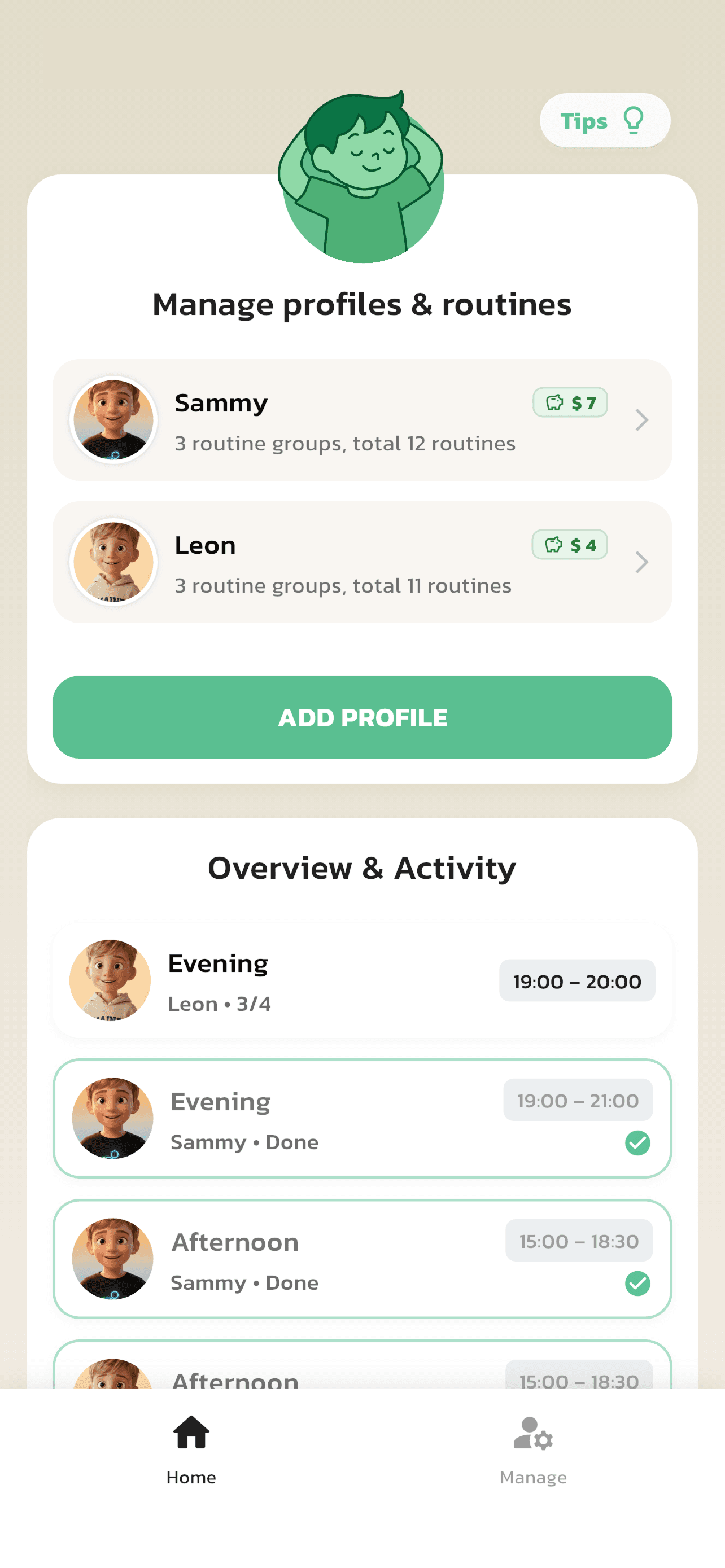 Screenshot of the Rutinerad app showing an overview of child profiles, earned rewards, and a schedule of daily activities.