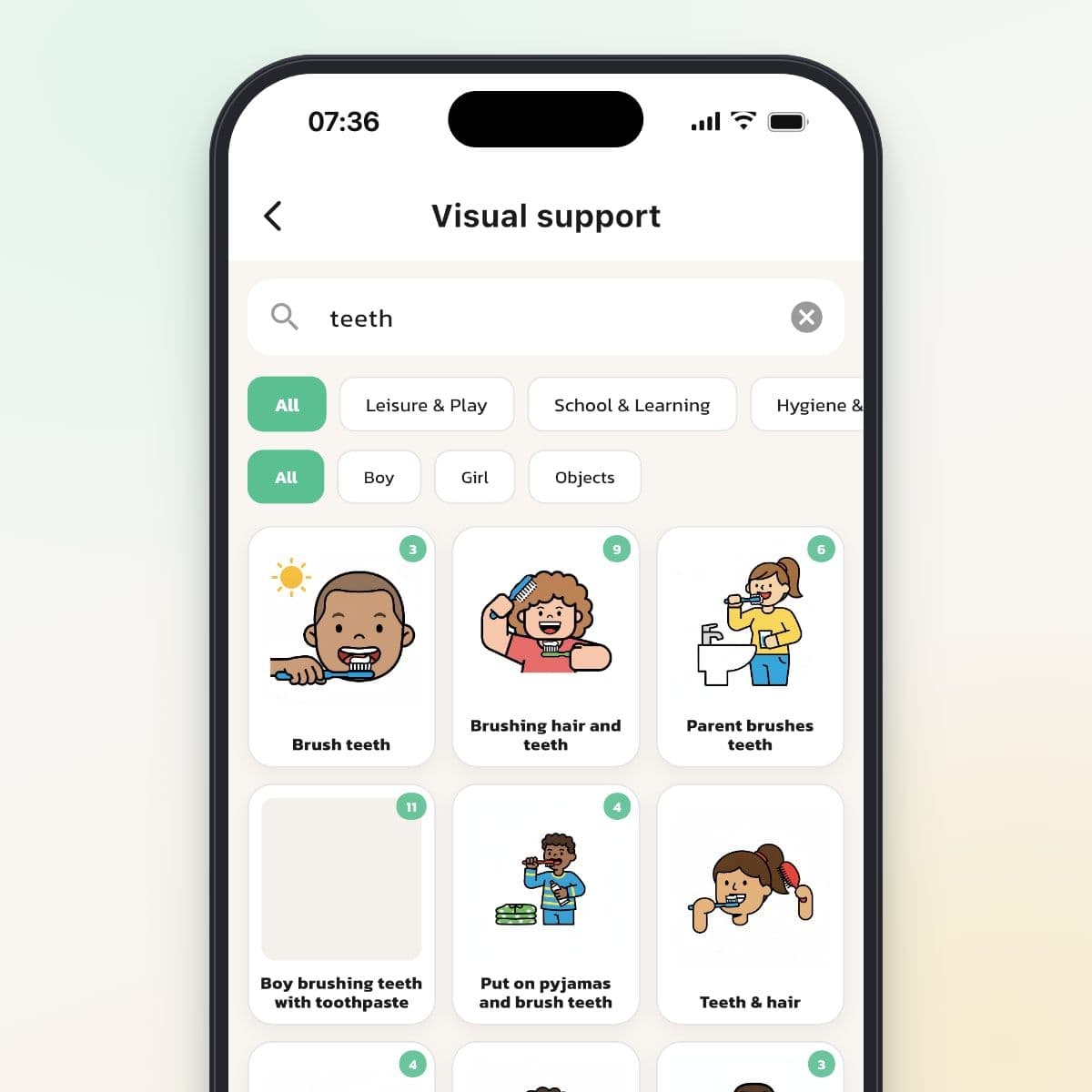 The Visual support library in Routined with a search for teeth and pictures of brushing teeth