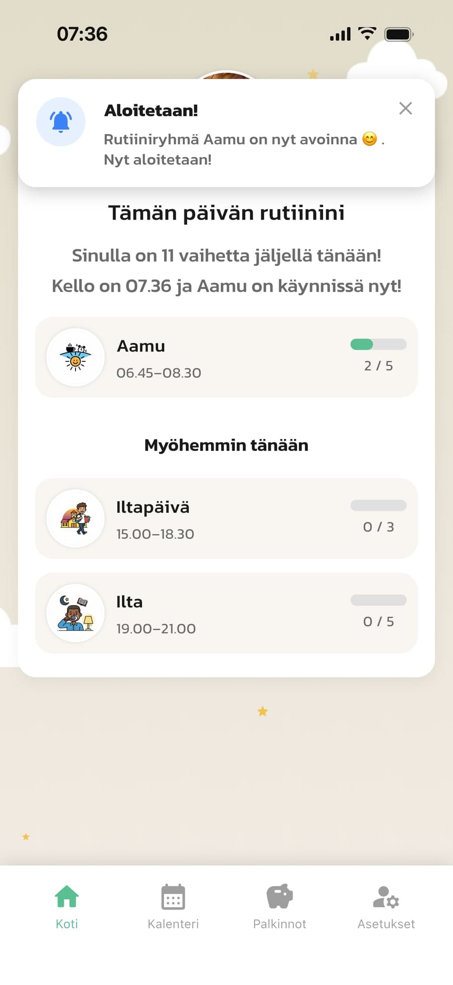 Routinedin ilmoitus Aloitetaan! lapsen laitteella aamurutiinin alkaessa