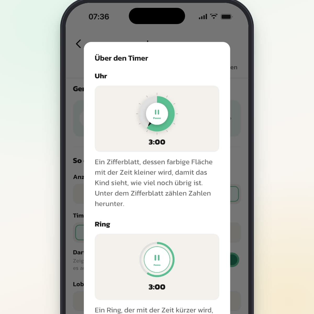 Der Dialog Über den Timer in Routined mit den Stilen Uhr und Ring